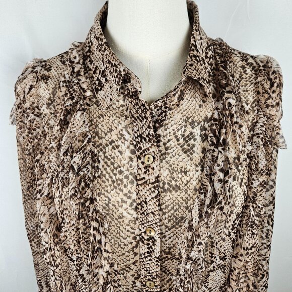Chico's Shirt Size 1 Medium Snakeskin Animal Print Fringe Front Button Down - Picture 3 of 10